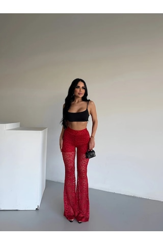 Havens Lace Kabartmalı İspanyol Paça Pantolon Kırmızı