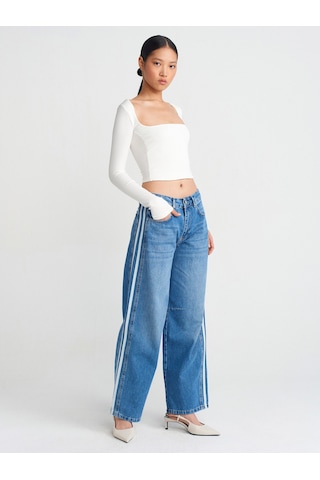 Dilvin 71755 Yanı Şeritli Balon Denim Pantolon Mavi