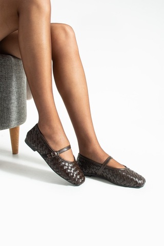 Dabab Shoes Elvıa Acı Kahve Kadın Örgü Dokulu Bilekten Bantlı Tokalı Mary Jane Düz Ayakkabı Babet Acı Kahverengi