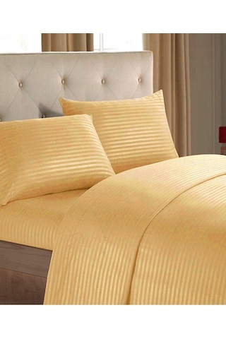 Evlen Home Line Pamuklu Nevresim Takımı 4 Parça Çizgili Saten Nevresim Seti Otel Nevresim Gold
