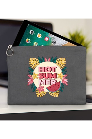 Bk Gift Yaz Temalı-8 Antrasit Tablet Çantası 30x21cm, Apple iPad Uyumlu Çantası, Baskılı Tablet Kılıfı Kılıf