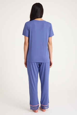 Dream Mavi/pembe V Yaka Dantel Detaylı 4 Parça Pijama Takım Set Mavi/pembe