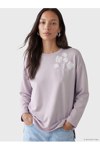 Lcw Everyday Lila Nakışlı Oversize Soft Touch Kadın Tunik