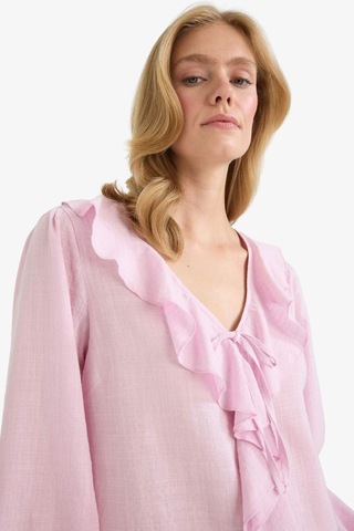 Defacto Regular Fit V Yaka Volanlı Pamuklu Uzun Kollu Bluz F9336ax25aupn96 Pembe