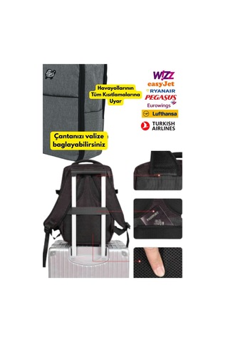 Jet Turtle Seyahat Sırt Çantası 40cm 40x25x15 Cm Pegasus, Wizz Air, Ryanair, El Valizi Koltuk Altı Valizi Gri