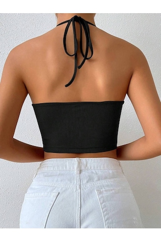 Liona Halter Yaka Bağlamalı Büzgülü Siyah Renk Fitilli Crop Top Bluz