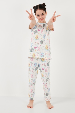 Lela % 100 Pamuk Bisiklet Yaka Kısa Kollu Kız Çocuk Pijama Takımı 6651004 Ekru