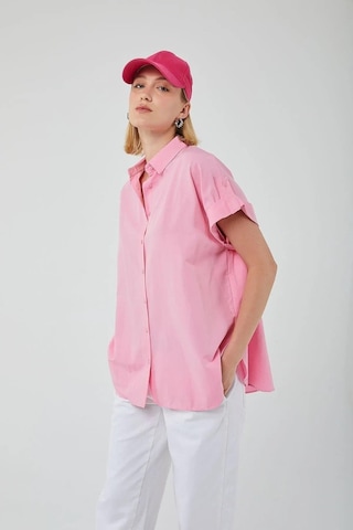 Mixray 3967 Kadın Apoletli Kısa Kol Oversize Gömlek Şeker Pembe