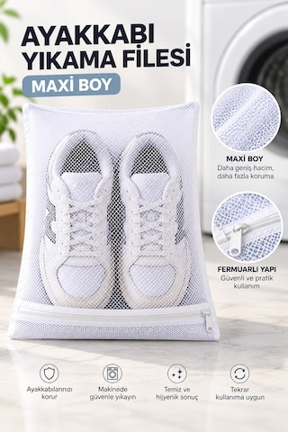 Ayakkabı Yıkama Filesi 38x38 Cm Fermuarlı Maxi Boy Ayakkabı Koruma Torbası 1 Adet Yıkama Filesi Beyaz