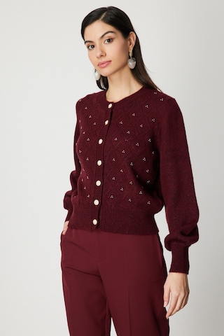 On Kadın İnci Düğmeli Triko Hırka 63922 Bordo Bordo