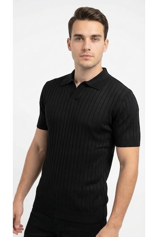 Erkek Polo Yaka Slim Fit Triko Tişört Dikey Çizgili Modern Yazlık Triko Siyah