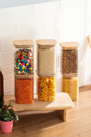 Porsima 6-3 Bambu Vakumlu Kapaklı Kare Borsilikat Cam 6lı Kavanoz Seti Saklama Kabı 1250ml 9,5x15cm Ahşap - Şeffaf