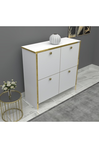 %100 Mdf 2 Kapaklı Küp Altın Sarısı Desenli Gövdeli Ayakkabılık Beyaz