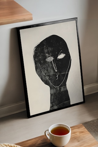 Lost Thought Siyah Ahşap Çerçeveli Poster, Dekoratif Soyut Monokrom Duvar Tablosu