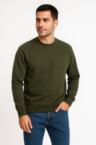Efnaz Style Erkek Üç İplik Düz Bisiklet Yaka Sweatshirt - Haki