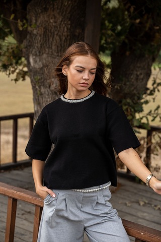 Verdeblanco Taşlı Yaka Basic Bluz Siyah Siyah
