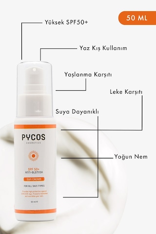 Pycos Cosmetıcs Spf 50 Leke Karşıtı Yüz Güneş Kremi 50ml, Tüm Cilt Tipleri Için