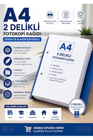 Premium A4 2 Delikli Fotokopi Kağıdı 100 Adet Dosya Ve Klasör Uyumlu Yazıcı Kağıdı