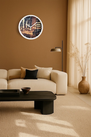 Klasik Araba Ve Gece Şehir Modern Duvar Saati - 35cm - Önü Camlı Beyaz Kasa - Sessiz Mekanizma Beyaz