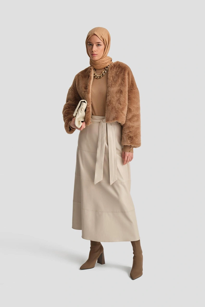 Armine Bağlamalı Deri Etek 25k1706 Bej Bej