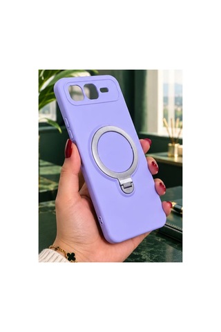 İnfinix Smart 10 Plus İle Uyumlu 360 Derece Dönebilen Kalın Metal Magsafe Halka Stantlı İçi Kadife Korumalı Ultra Lüx Premium Silikon Kılıf Lila