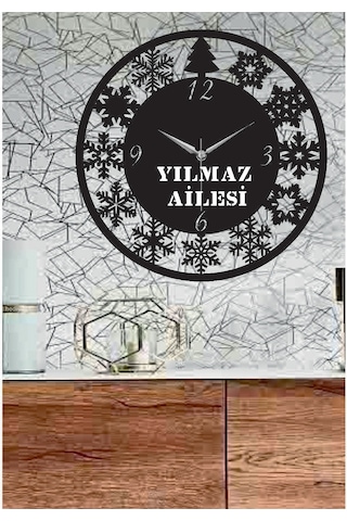 Kişiye Özel Yeni Yıl Temalı Ahşap Duvar Saati Siyah
