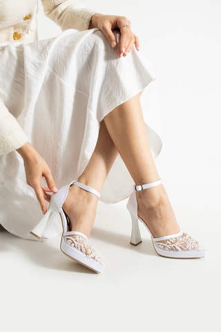 Dabab Shoes Pearly Beyaz Kadın Platformlu 11cm Topuklu İncili Bilekten Bantlı Abiye Gelin Düğün Ayakkabısı