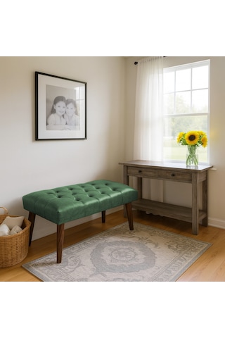 Bench - Deri Kumaş - 45x90 - Ahşap Ayaklı Modern Bank - Yeşil