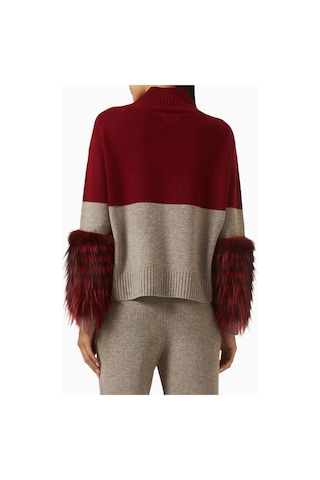 Izaak Azanei Half - Half Cuff Sweater, Lüks Triko Faux Kürk Detaylı Kazak Kırmızı
