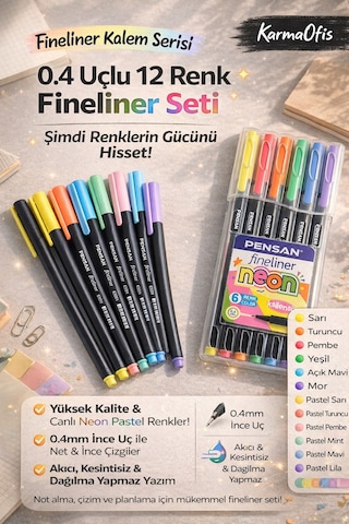 0.4 Uçlu 12 Renk Fineliner Kalem Seti Neon & Pastel Pensan İnce Uç Çizim Kalemi Seti