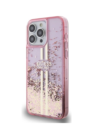 Apple Uyumlu iPhone 15 Pro Max Kılıf Guess Lisanslı Transparan Sıvılı Simli Altın Çizgili Kapak Pembe