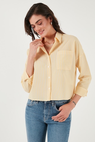 Lela Regular Fit Çizgili Göğüs Cepli Dokulu Bayan Gömlek 6772870 Sarı