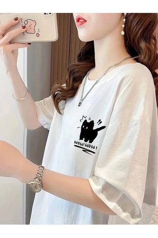 Wear Vexel Kadın Tişört Penye Compack Tatlı Kedi Baskılı Bisiklet Yaka T-shirt - Beyaz Beyaz