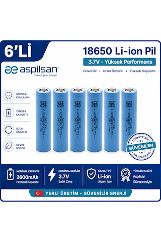 Aspilsan 18650 2600mah 3.7v Li-ion Şarjlı Pil 6'lı Paket Inr18650a28 18650 Batarya Yerli Üretim Lityum İyon Pil