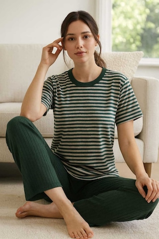 Tenra Kadın Pijama Takımı Kısa Kollu %100 Pamuk Yeşil Çizgili Yeşil