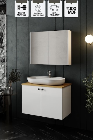 Karen Banyo Mimoza 80 Cm Tezgahlı, Aynalı Banyo Dolabı Seti, Seramik Lavabo Dahil, Beyaz, Mdf Beyaz