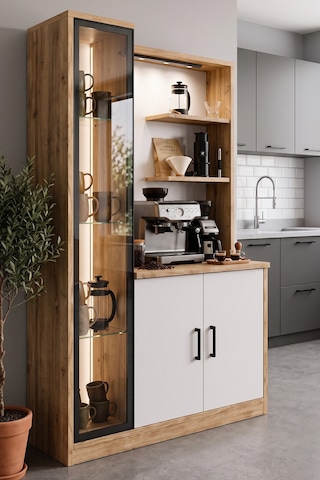 Romela Kahve Köşesi LED Aydınlatmalı Cam Kapaklı Dekoratif Mutfak Servis Dolabı