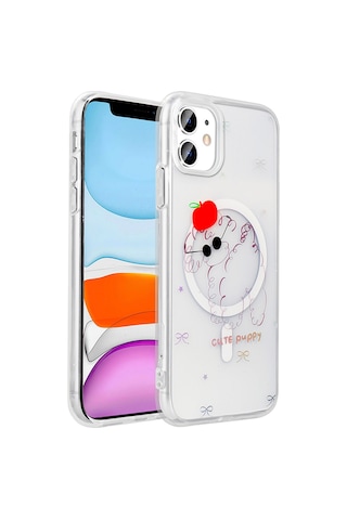Techaks Apple Uyumlu iPhone 11 Kılıf M-safe Şarj Özellikli Şeffaf Zore Folk Sert Kapak - Kalp Beyaz
