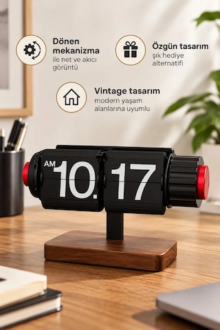 Exenar - Kahverengi - Sayfa Çevirmeli Retro Saat Ahşap Tasarım Flip Yaprak Masaüstü Mekanik Masa Saati Alarmlı Çalar Saat