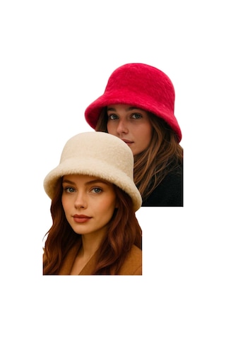 Uniquetrenders Kadın Soft Peluş Ayarlanabilir İpli Bucket Kova Şapka 2 Li Set Kırmızı - Ekru