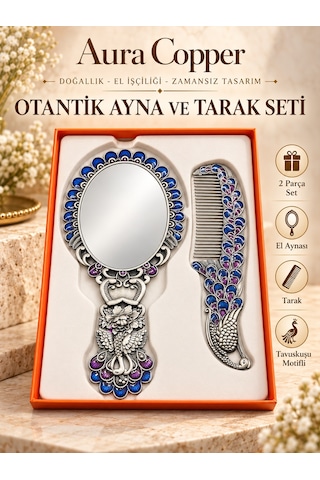 Aura Copper Tavus Kuşu Motifli Mineli El Aynası Ve Tarak Seti 2 Parça Ac-at-002-gümüş Mavi