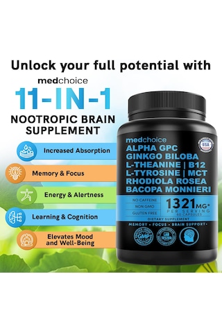 Medchoice Nootropic Brain Memory & Focus Supplement With Ginkgo Biloba, L Theanine 1321 Mg Per Serving 60 Kapsül Orijinal Usa Menşeii Dmmedicineden