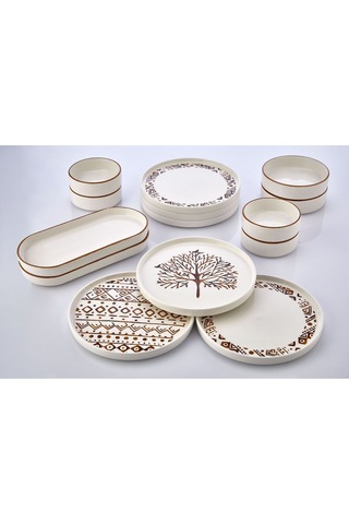 Kitchen Life 14 Parça 6 Kişilik Hayat Ağacı Stackable Kahvaltı Takımı - Kahvaltılık Sunum Tabağı Beyaz - Altın