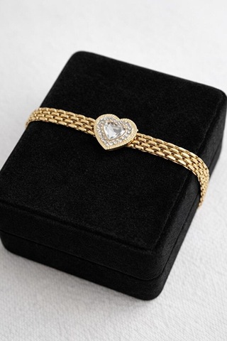 Çelik Kalp Zirkon Taşlı Gold Bileklik Gümüş + Altın