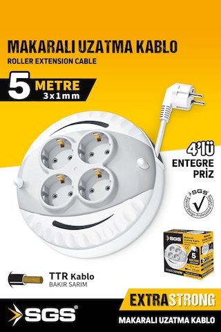 Sgs2190 Makaralı Uzatma Kablo 4 Lü 5 Metre 3x1mm 3000 Watt Diğer