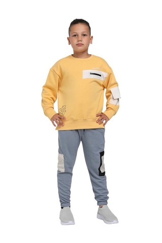 Escabel Erkek Çocuk İçi Şardonlu Tek Cep Aksesuarlı Beli Kalın Lastikli Sweatshirt-11019-hardal Hardal