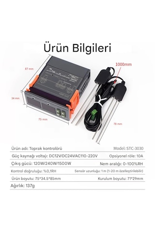 Yate10 Stc-3030 220v 10a Çift Problu Toprak Nem Kontrol Cihazı 0-100 Rh