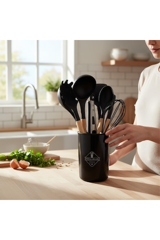 8 Parça Premium Mutfak Seti, Ahşap Saplı Ve Silikon Uçlu, Siyah, Kepçe, Spatula, Çırpıcı, Fırça, Maşa Dahil Diğer
