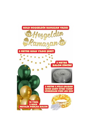 Hoşgeldin Ramazan Yazısı Yeşil Gold Metalik Balon Seti Yıldız Süs Led Işık Ramazan Süsleme Paketi Ramazan Seti