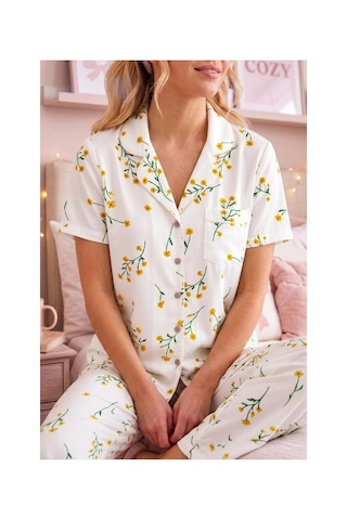 Fit Women Çiçek Baskılı Bürümçük Kumaş Kısa Kollu Pijama Takımı 6067 Çok Renkli
